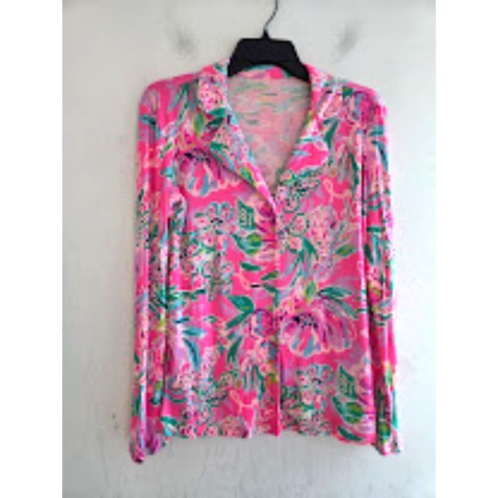 Lilly Pulitzer Women Pink Blue Floral Jersey Knit Button Down Blouse size XSmall